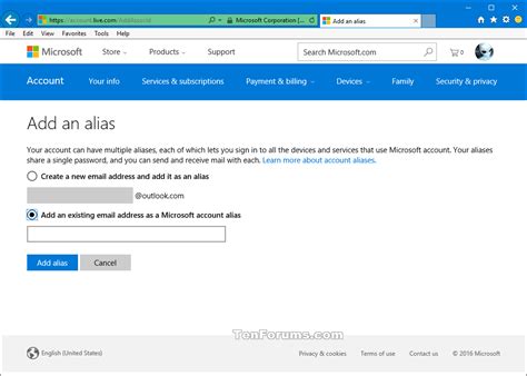 Add or Remove Microsoft Account Aliases .
